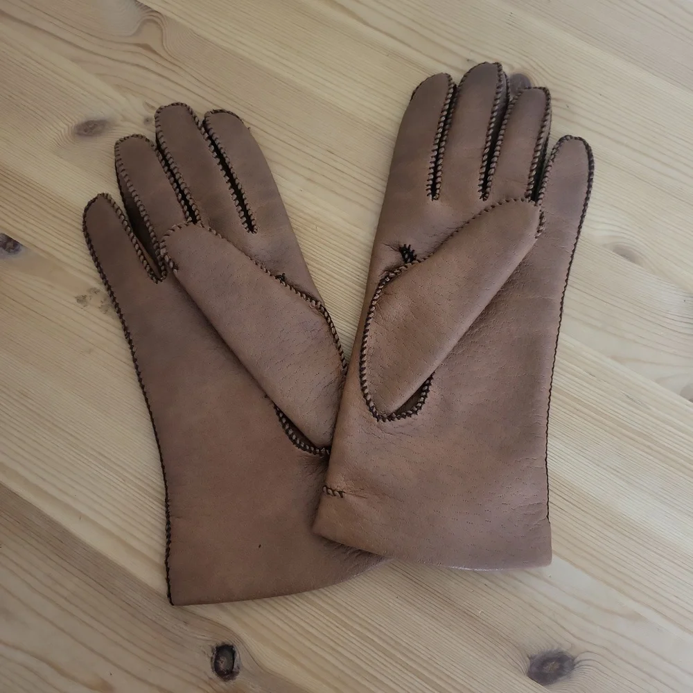 Vintage Fownes Brown Leather Gloves Black Stitching Small